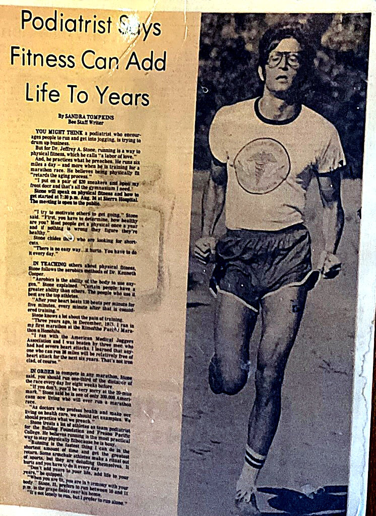 Original 1976 newspaper clipping showing Dr. Jeffrey Stone running beside the article