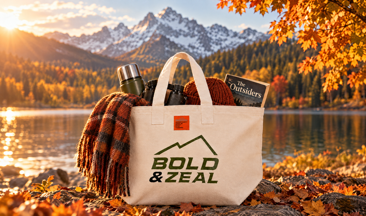 A white canvas tote bag with the brand name 'BOLD & ZEAL' printed in green on the front, sitting on a rocky lakeshore surrounded by autumn leaves. The bag is styled with a plaid throw blanket, a metal flask, a book, and a brown knit beanie, with a mountain and forest landscape in the background.